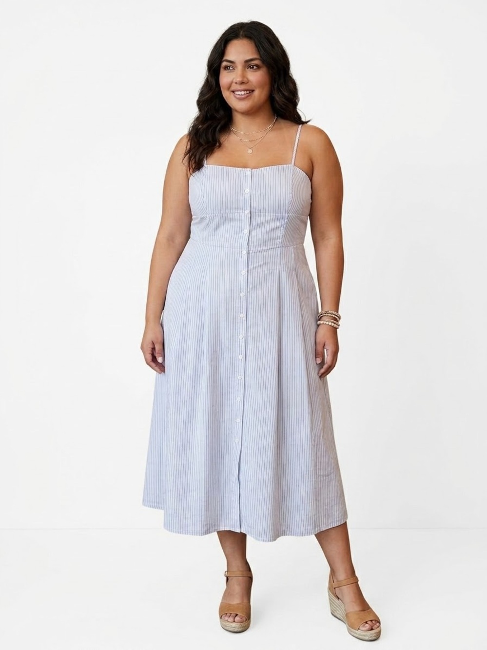 J.Crew Striped Button-Up Cotton Poplin Maxi Dress Blue White Size 18 BG495
